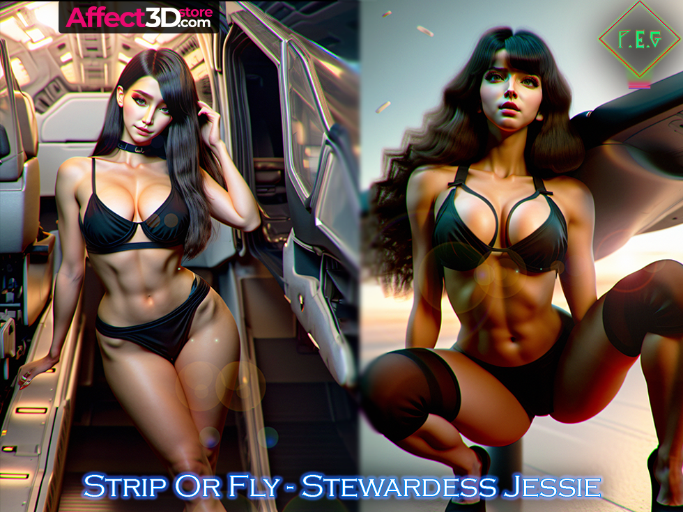 Strip Or Fly - Stewardess Jessie by Primal Emotion Games - 3D Animated Pin-ups - Big tits babe posing in front of airplane