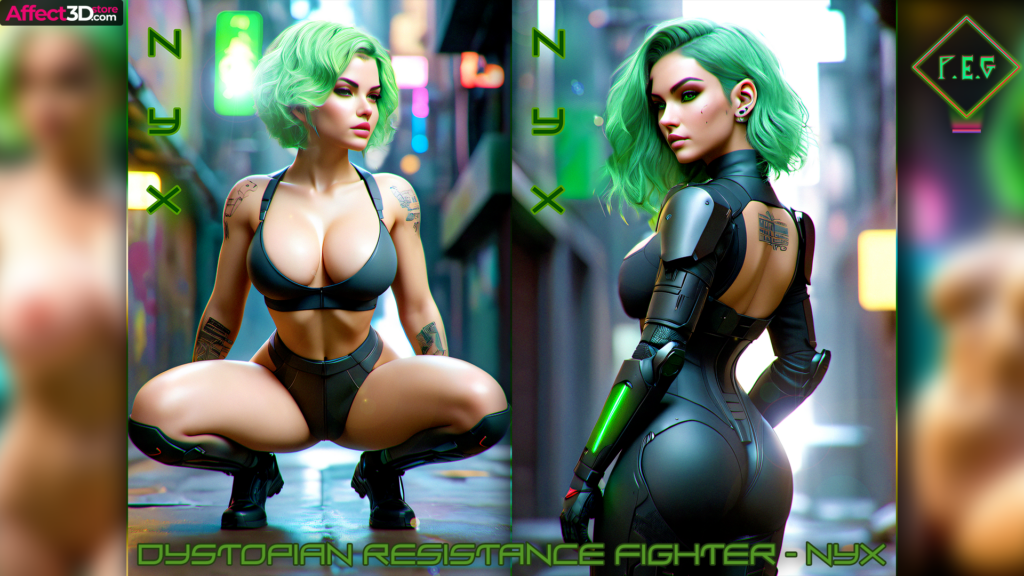 Dystopian Resistance Fighter Nyx by Primal Emotion Games - 3D Animated Pin-ups - Big tits woman posing