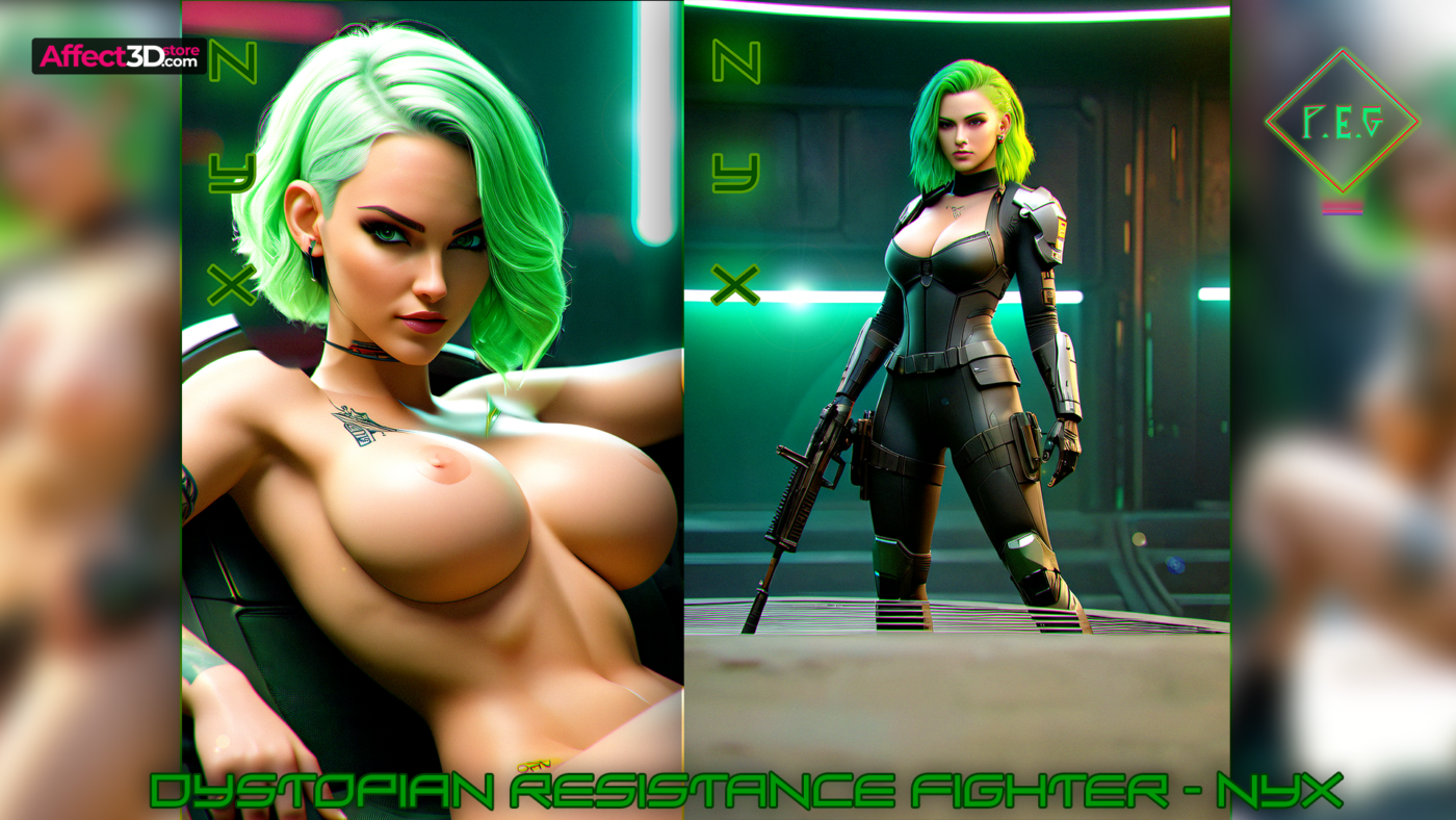 Dystopian Resistance Fighter Nyx by Primal Emotion Games - 3D Animated Pin-ups - Big tits woman posing