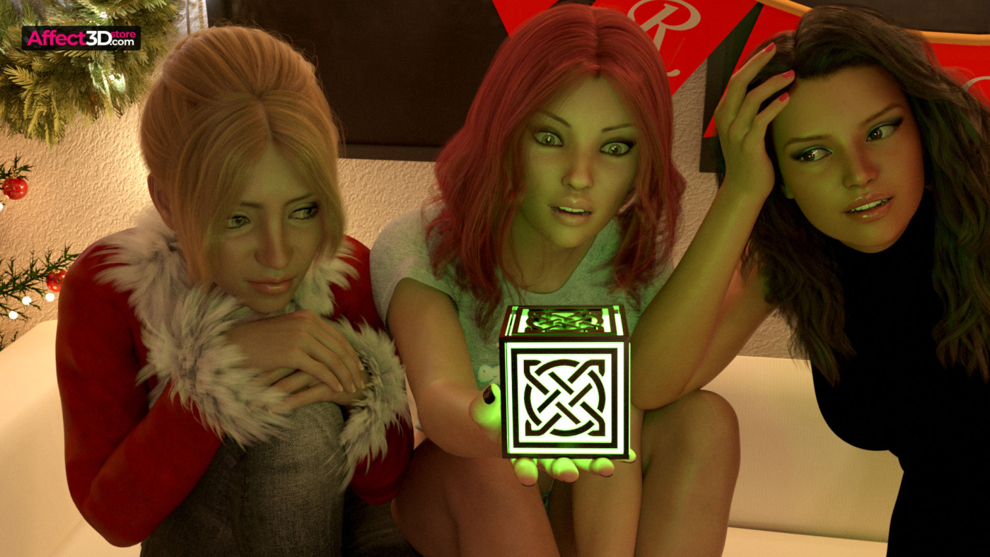 Slayer Rebirth Ep 1 Xmas Special - a double porn release from Gonzo Studios - three hot women spectating a mysterious green cube