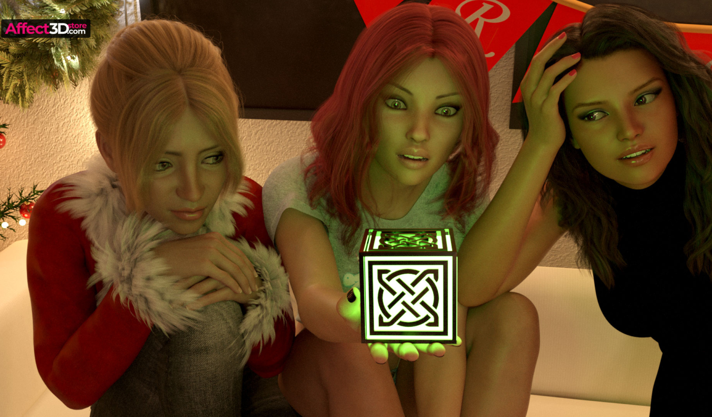 Slayer Rebirth Ep 1 Xmas Special - a double porn release from Gonzo Studios - three hot women spectating a mysterious green cube