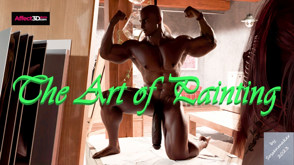 the art of painting - 3d porn comic by sossenmaker - muscular man showing off massive horse cock
