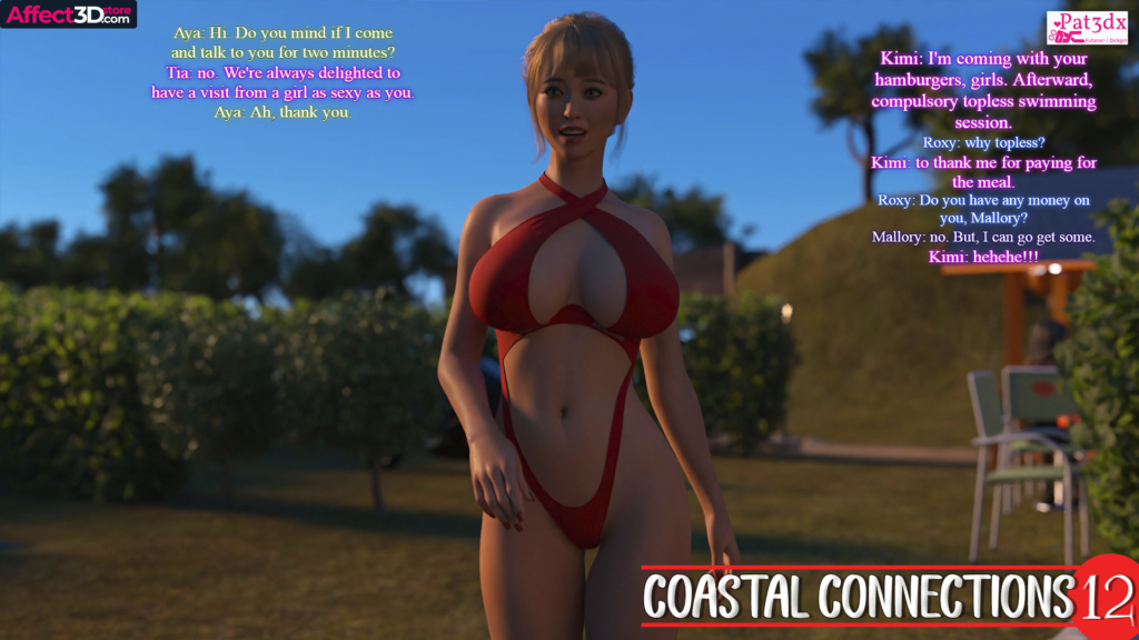 Coastal Connections 12 - 3D adult comic by Pat - busty babe in a barely there bikini walking towards the other women